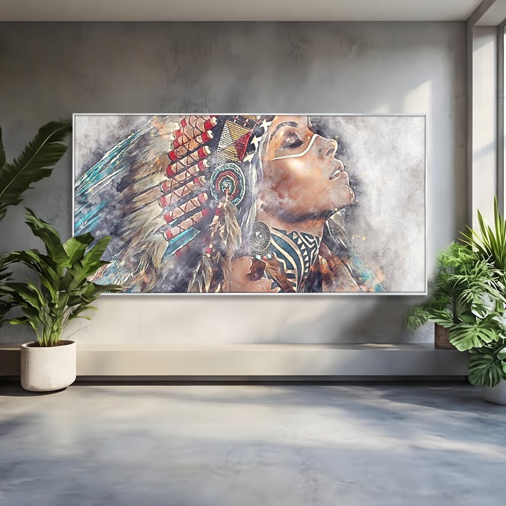 Tablou canvas cu tablou canvas cu femeie indigena, in rama de aluminiu argintiu